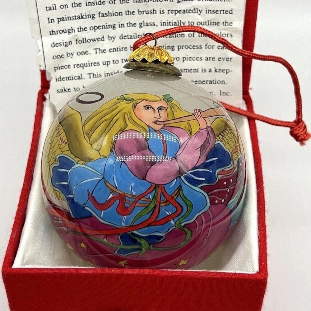 VTG Bill Yee 1990 Angel Blown Glass Christmas Ornament 3" Reverse Hand Painted